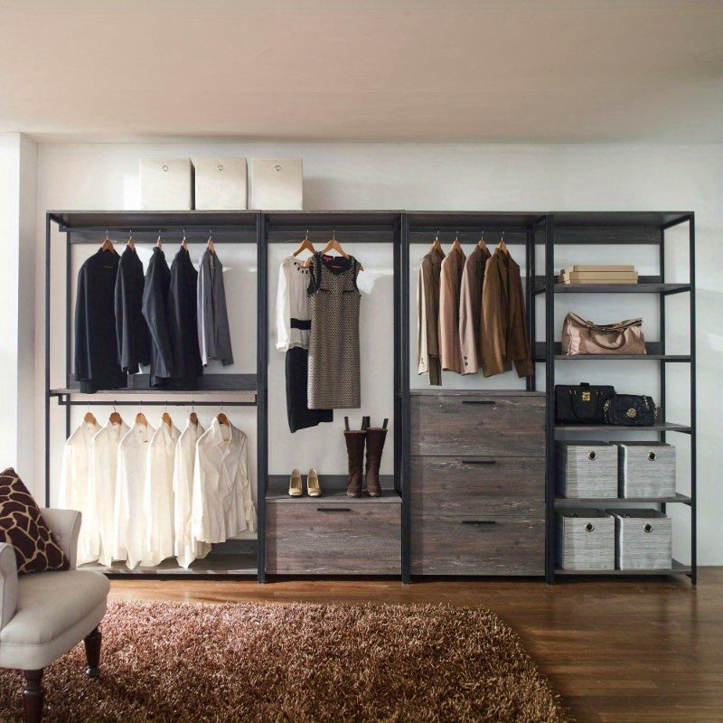 Wood Walkin Closet System - Wood & Metal Modular Storage Organizer with Hooks, Shelves & Drawers for Clothes, Shoes, Accessories - Space-Saving Design for Bedroom, Closet, Living Room, Closet Storage, Open Shelving Furniture, Sturdy Construction