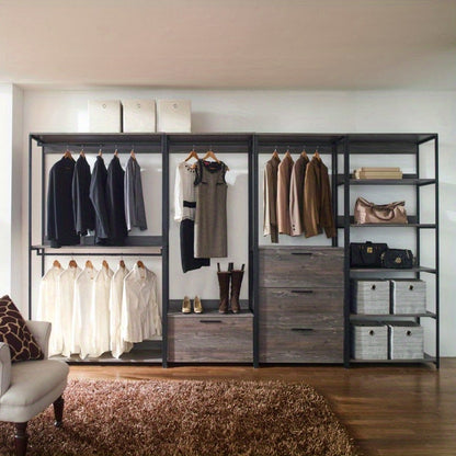 Wood Walkin Closet System - Wood & Metal Modular Storage Organizer with Hooks, Shelves & Drawers for Clothes, Shoes, Accessories - Space-Saving Design for Bedroom, Closet, Living Room, Closet Storage, Open Shelving Furniture, Sturdy Construction