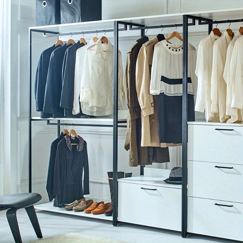 White Freestanding Walk-In Closet System with Sleek Metal Frame - Multi-Section Organizer for Efficient Storage, Ideal for Bedroom & Hallway, Clothes Organizer Storage
