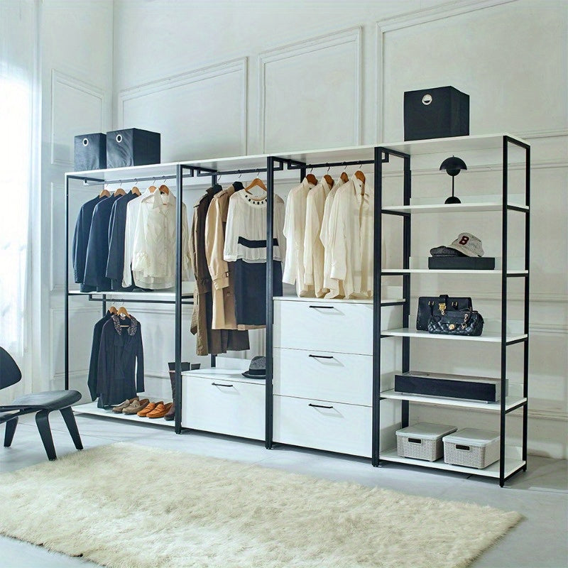 White Freestanding Walk-In Closet System with Sleek Metal Frame - Multi-Section Organizer for Efficient Storage, Ideal for Bedroom & Hallway, Clothes Organizer Storage