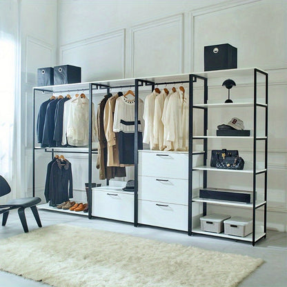 White Freestanding Walk-In Closet System with Sleek Metal Frame - Multi-Section Organizer for Efficient Storage, Ideal for Bedroom & Hallway, Clothes Organizer Storage
