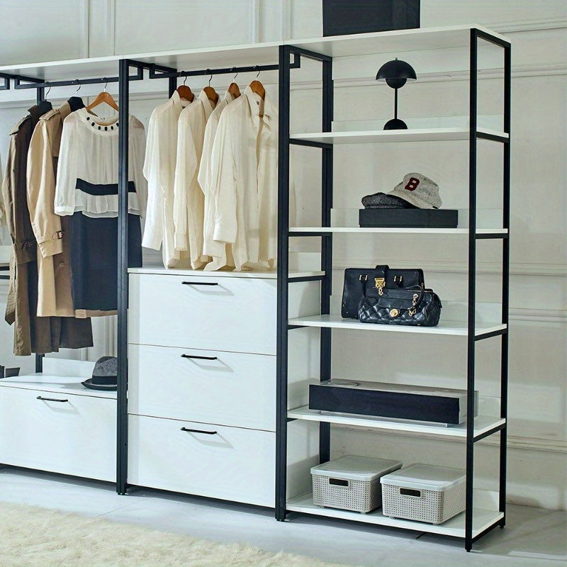 White Freestanding Walk-In Closet System with Sleek Metal Frame - Multi-Section Organizer for Efficient Storage, Ideal for Bedroom & Hallway, Clothes Organizer Storage