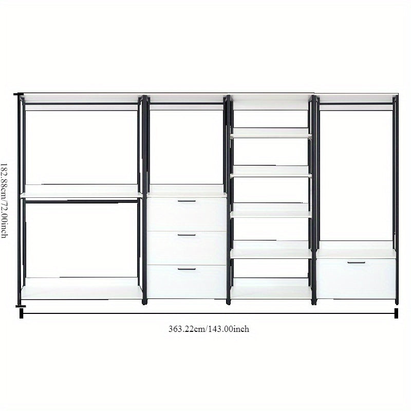 White Freestanding Walk-In Closet System with Sleek Metal Frame - Multi-Section Organizer for Efficient Storage, Ideal for Bedroom & Hallway, Clothes Organizer Storage