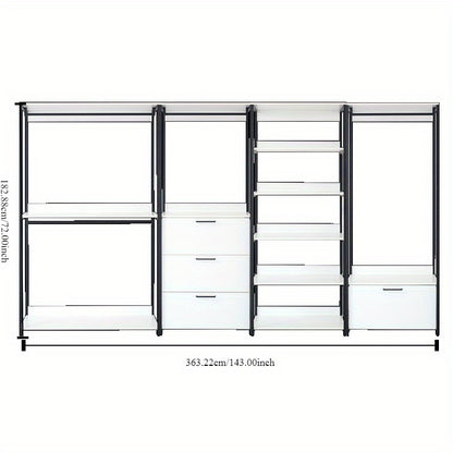 White Freestanding Walk-In Closet System with Sleek Metal Frame - Multi-Section Organizer for Efficient Storage, Ideal for Bedroom & Hallway, Clothes Organizer Storage