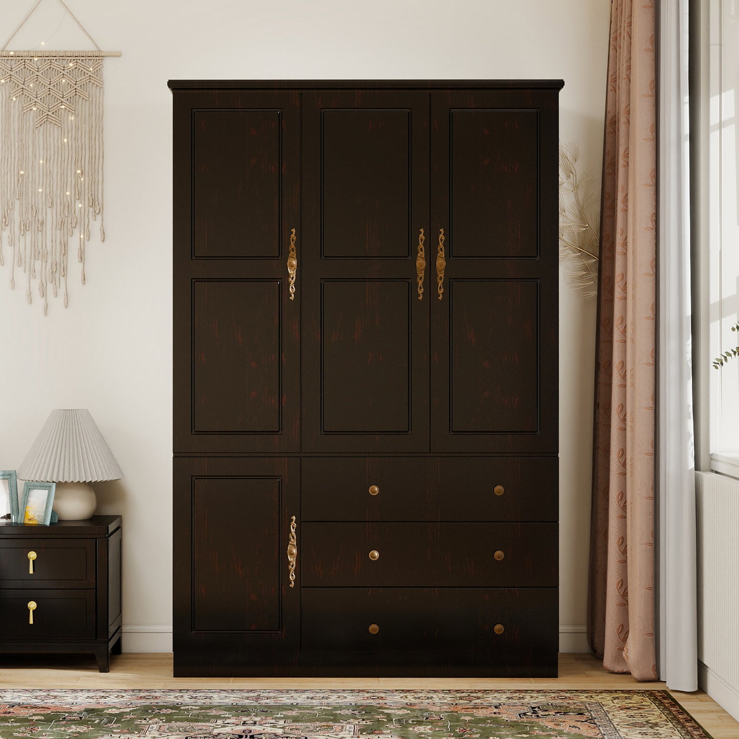 Solid Hardwood Armoire Wardrobe Closet - 3 Doors, 3 Drawers, 3 Shelves & Hanging Rod, Contemporary Black Cherry Finish