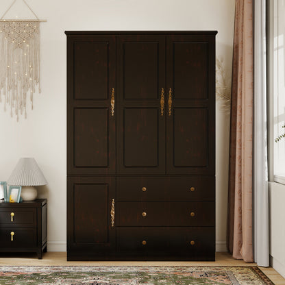 Solid Hardwood Armoire Wardrobe Closet - 3 Doors, 3 Drawers, 3 Shelves & Hanging Rod, Contemporary Black Cherry Finish