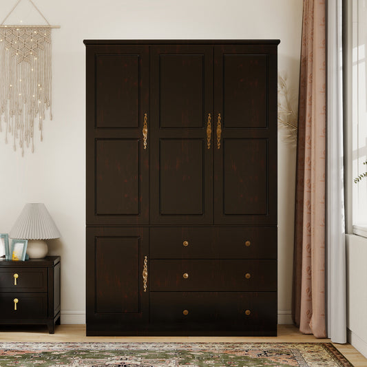 Solid Hardwood Armoire Wardrobe Closet - 3 Doors, 3 Drawers, 3 Shelves & Hanging Rod, Contemporary Black Cherry Finish