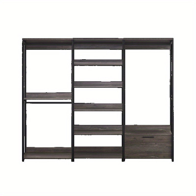 Wood Walkin Closet System - Wood & Metal Modular Storage Organizer with Adjustable Shelves, Drawers & Hanging Rods, Space-Saving Design for Bedroom, Closet, Small Spaces, Open Shelving Units, Sturdy Construction