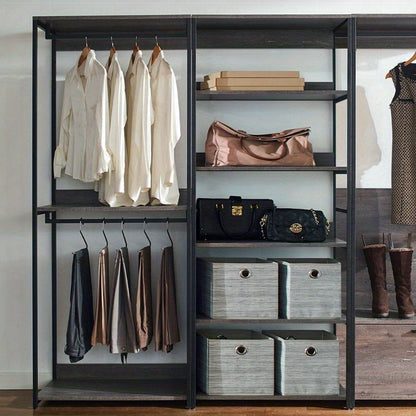 Wood Walkin Closet System - Wood & Metal Modular Storage Organizer with Adjustable Shelves, Drawers & Hanging Rods, Space-Saving Design for Bedroom, Closet, Small Spaces, Open Shelving Units, Sturdy Construction