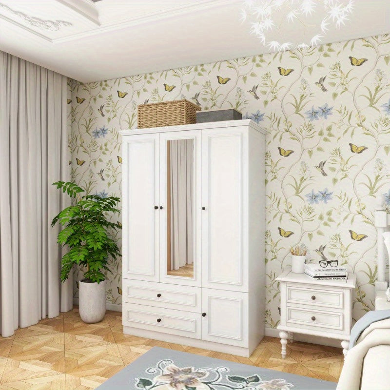 Armoire Wardrobe Closet with 3 Doors Hanging Rods 2 Drawers Storage Cabinet and Mirror Large Capacity Large Wardrobe Closet for Bedroom White 47.24\