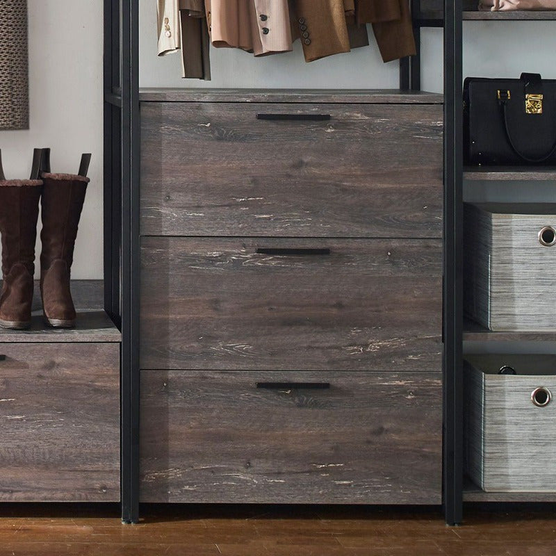 Wood Walkin Closet System - Wood & Metal Modular Storage Organizer with Hooks, Shelves & Drawers for Clothes, Shoes, Accessories - Space-Saving Design for Bedroom, Closet, Living Room, Closet Storage, Open Shelving Furniture, Sturdy Construction