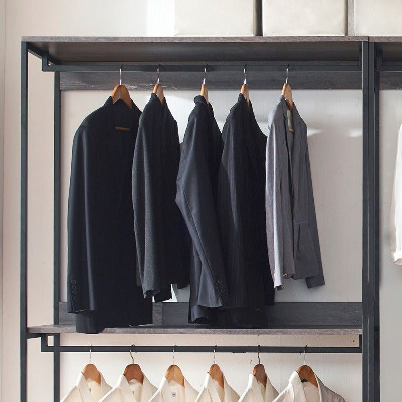 Wood Walkin Closet System - Wood & Metal Modular Storage Organizer with Hooks, Shelves & Drawers for Clothes, Shoes, Accessories - Space-Saving Design for Bedroom, Closet, Living Room, Closet Storage, Open Shelving Furniture, Sturdy Construction