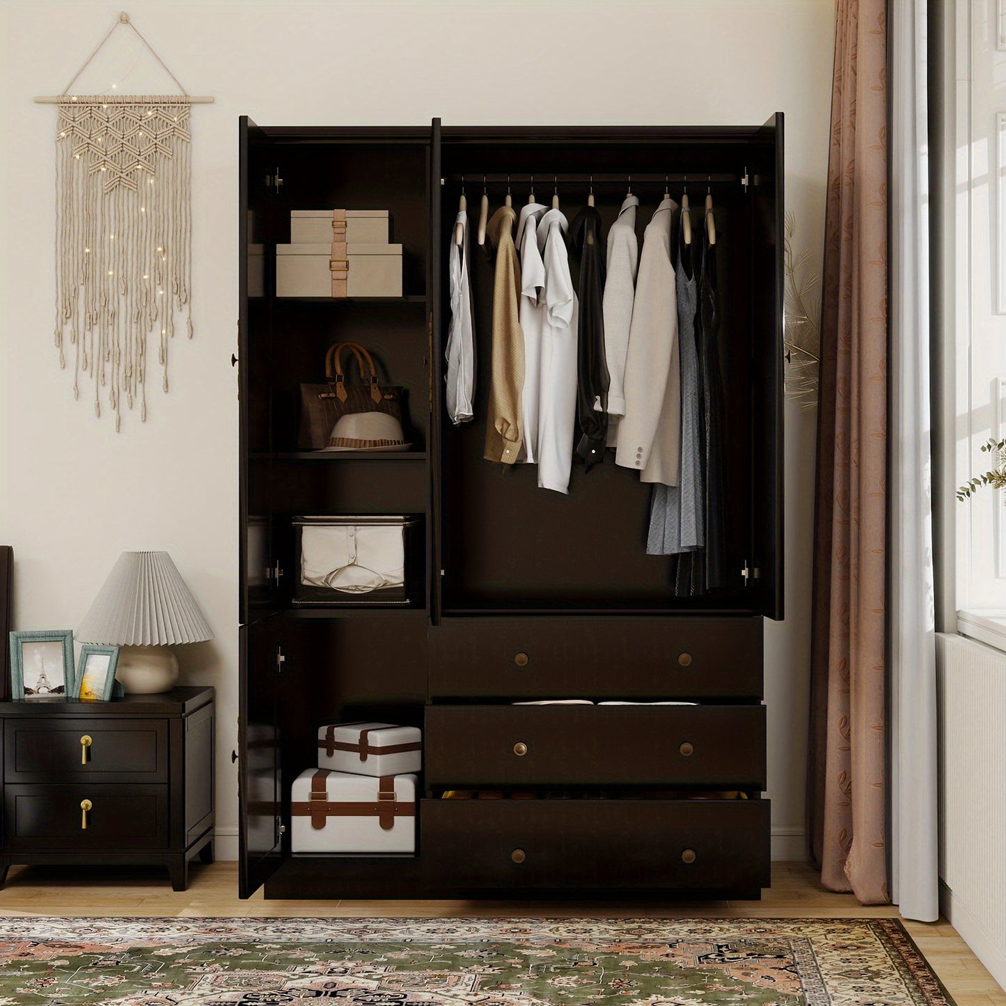 Solid Hardwood Armoire Wardrobe Closet - 3 Doors, 3 Drawers, 3 Shelves & Hanging Rod, Contemporary Black Cherry Finish