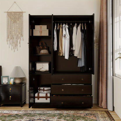 Solid Hardwood Armoire Wardrobe Closet - 3 Doors, 3 Drawers, 3 Shelves & Hanging Rod, Contemporary Black Cherry Finish