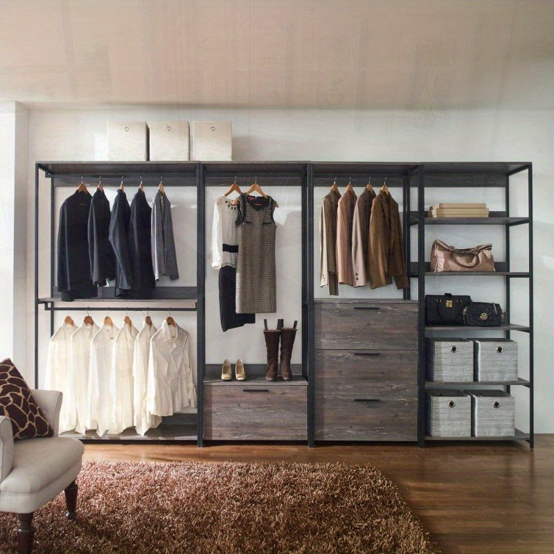 Wood Walkin Closet System - Wood & Metal Modular Storage Organizer with Hooks, Shelves & Drawers for Clothes, Shoes, Accessories - Space-Saving Design for Bedroom, Closet, Living Room, Closet Storage, Open Shelving Furniture, Sturdy Construction