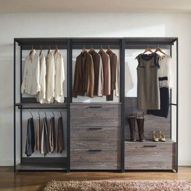 Wood Walkin Closet System - Wood & Metal Modular Wardrobe Organizer with Adjustable Shelves, Hanging Rods & Drawers, Space-Saving Design for Bedroom, Closet, Small Spaces, Wardrobe Closet, Bedroom Storage, Sleek Modern Look, Sturdy Construction