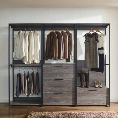 Wood Walkin Closet System - Wood & Metal Modular Wardrobe Organizer with Adjustable Shelves, Hanging Rods & Drawers, Space-Saving Design for Bedroom, Closet, Small Spaces, Wardrobe Closet, Bedroom Storage, Sleek Modern Look, Sturdy Construction