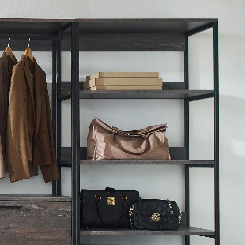 Wood Walkin Closet System - Wood & Metal Modular Storage Organizer with Hooks, Shelves & Drawers for Clothes, Shoes, Accessories - Space-Saving Design for Bedroom, Closet, Living Room, Closet Storage, Open Shelving Furniture, Sturdy Construction