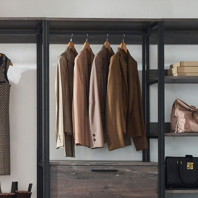 Wood Walkin Closet System - Wood & Metal Modular Storage Organizer with Hooks, Shelves & Drawers for Clothes, Shoes, Accessories - Space-Saving Design for Bedroom, Closet, Living Room, Closet Storage, Open Shelving Furniture, Sturdy Construction