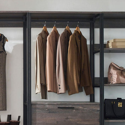 Wood Walkin Closet System - Wood & Metal Modular Storage Organizer with Hooks, Shelves & Drawers for Clothes, Shoes, Accessories - Space-Saving Design for Bedroom, Closet, Living Room, Closet Storage, Open Shelving Furniture, Sturdy Construction