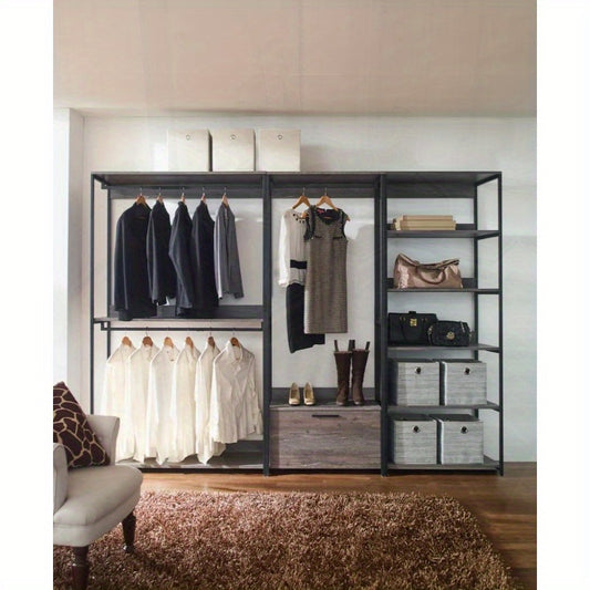Wood Modular Walk-in Closet System - Powder-Coated Metal Frame, Extra-Deep Storage Shelves & Drawers, Stain & Scratch Resistant, High-Quality E0 Board, Customizable Design for Home Organization, Accessory Storage