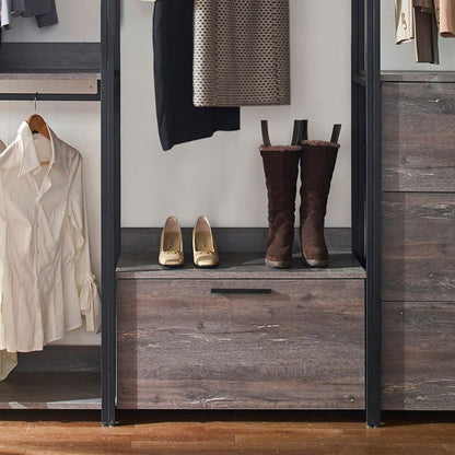 Wood Walkin Closet System - Wood & Metal Modular Storage Organizer with Hooks, Shelves & Drawers for Clothes, Shoes, Accessories - Space-Saving Design for Bedroom, Closet, Living Room, Closet Storage, Open Shelving Furniture, Sturdy Construction