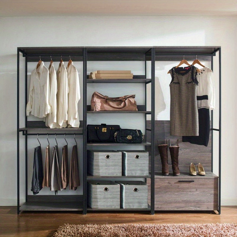Wood Walkin Closet System - Wood & Metal Modular Storage Organizer with Adjustable Shelves, Drawers & Hanging Rods, Space-Saving Design for Bedroom, Closet, Small Spaces, Open Shelving Units, Sturdy Construction