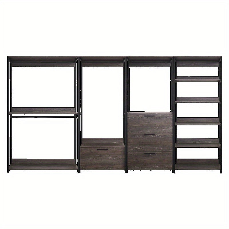 Wood Walkin Closet System - Wood & Metal Modular Storage Organizer with Hooks, Shelves & Drawers for Clothes, Shoes, Accessories - Space-Saving Design for Bedroom, Closet, Living Room, Closet Storage, Open Shelving Furniture, Sturdy Construction