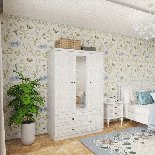 Armoire Wardrobe Closet with 3 Doors Hanging Rods 2 Drawers Storage Cabinet and Mirror Large Capacity Large Wardrobe Closet for Bedroom White 47.24\