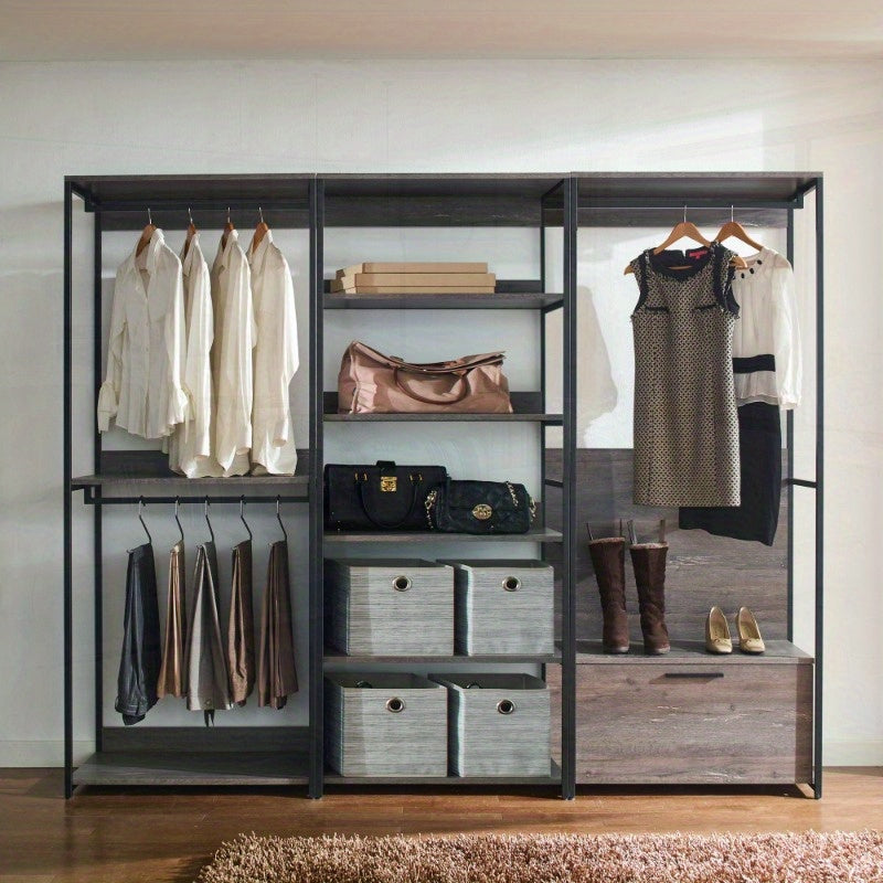 Wood Walkin Closet System - Wood & Metal Modular Storage Organizer with Adjustable Shelves, Drawers & Hanging Rods, Space-Saving Design for Bedroom, Closet, Small Spaces, Open Shelving Units, Sturdy Construction