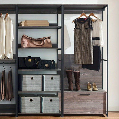 Wood Walkin Closet System - Wood & Metal Modular Storage Organizer with Adjustable Shelves, Drawers & Hanging Rods, Space-Saving Design for Bedroom, Closet, Small Spaces, Open Shelving Units, Sturdy Construction
